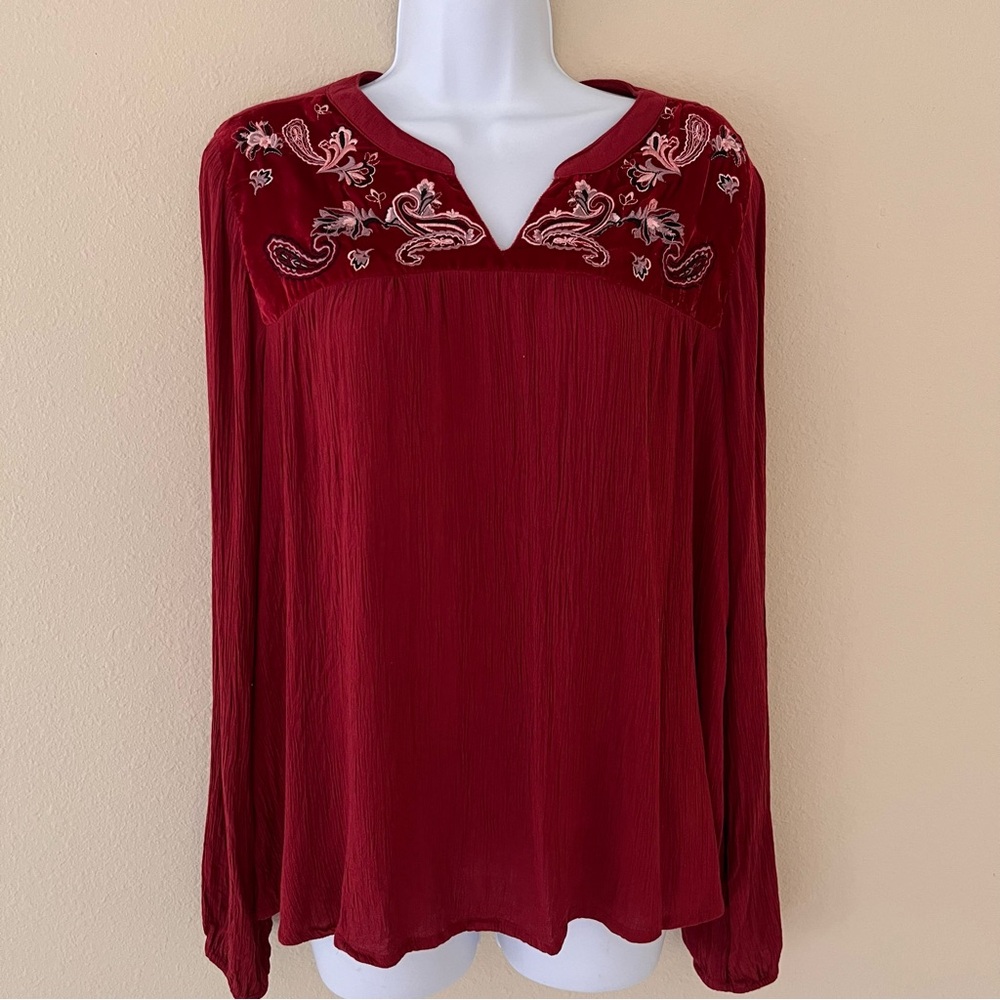 New Directions Peasant Top M Gauzy Embroidered Velvet Boho Whimsigoth Romantic‎